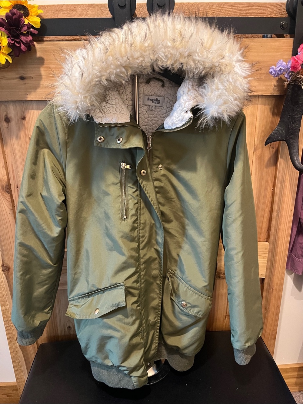 Charlotte Russe Olive Green Faux-Fur Trim Hooded Puffer Coat